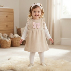N34612:  Baby Girls Plush Fleece Pinafore Dress, Top & Headband Outfit (6-24 Months)